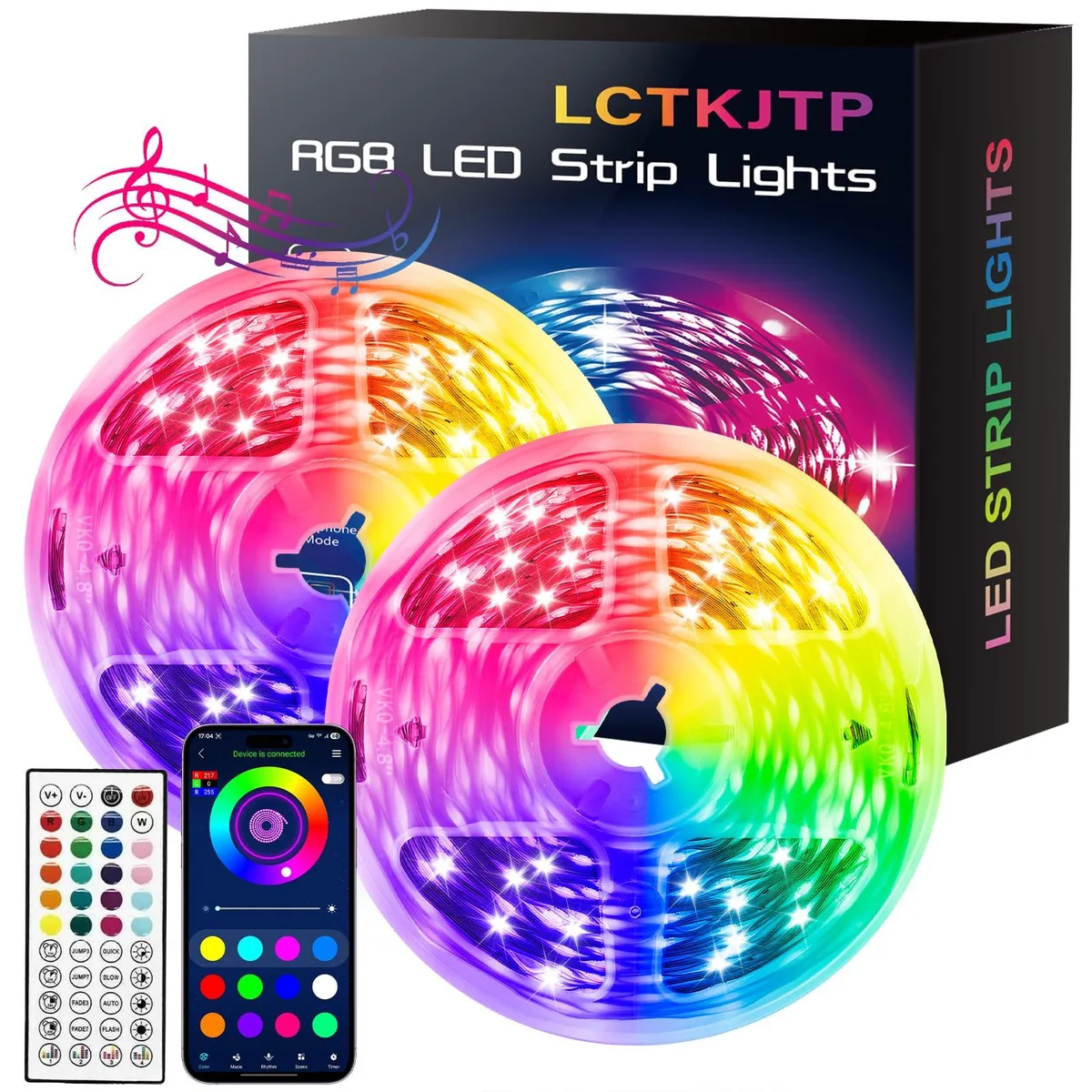 Two rolls of flexible LED strip lighting on reels, translucent plastic casing, multi-colour finish, 50 feet each