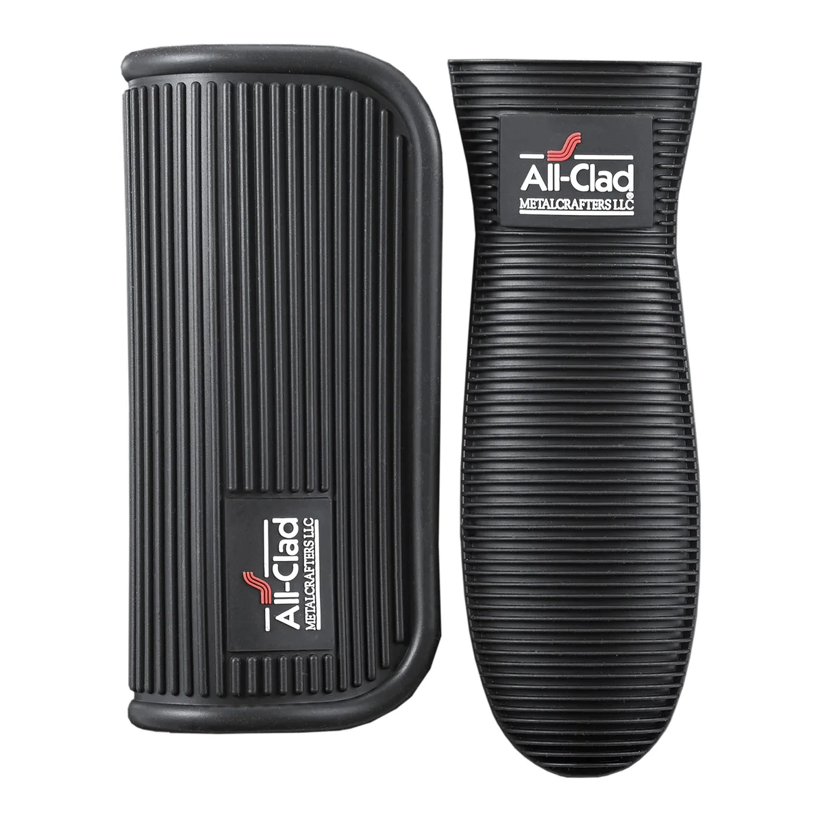 Two ribbed silicone handle grips in black and grey, flexible and heat resistant