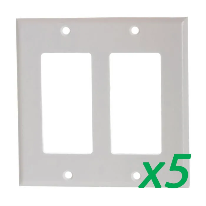 Five white rectangular plastic double-gang Decora switch plates with metal screws