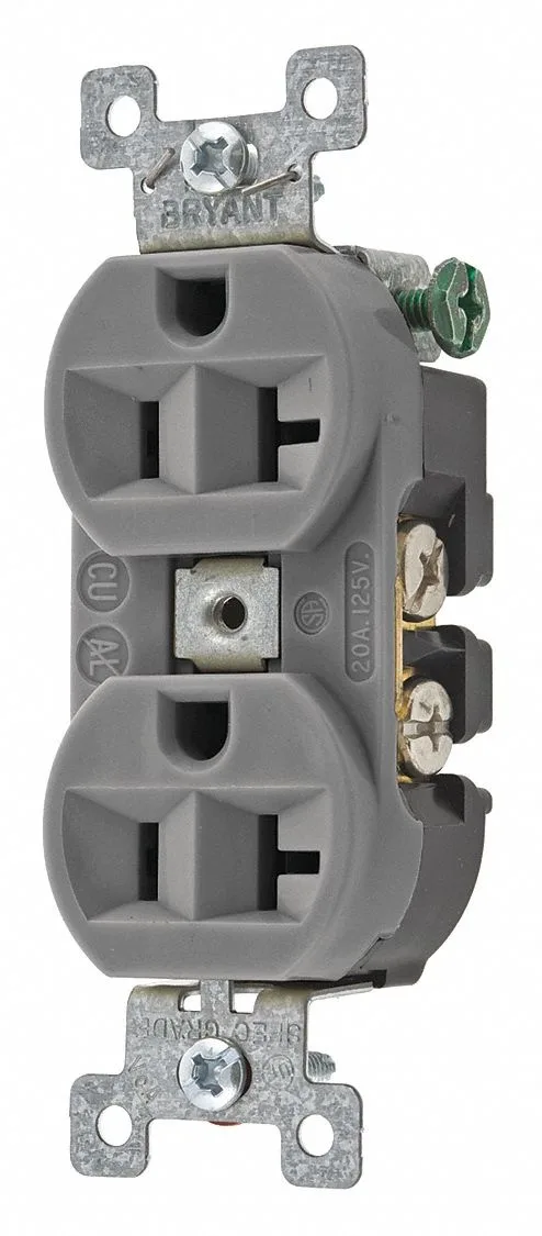 Gray rectangular duplex receptacle with two vertical slots and a round ground hole, flush-mount design