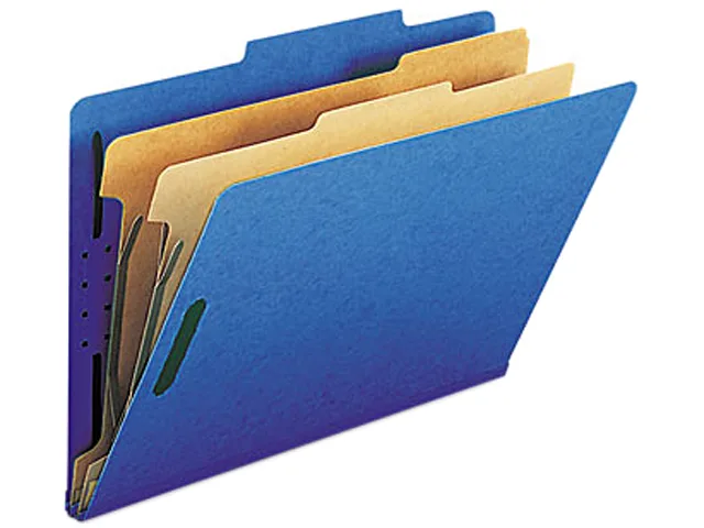 Dark blue pressboard classification folder, legal size, six sections, box of 10