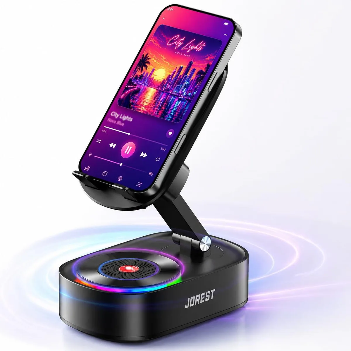 Foldable phone stand with integrated speaker, matte finish, adjustable joints