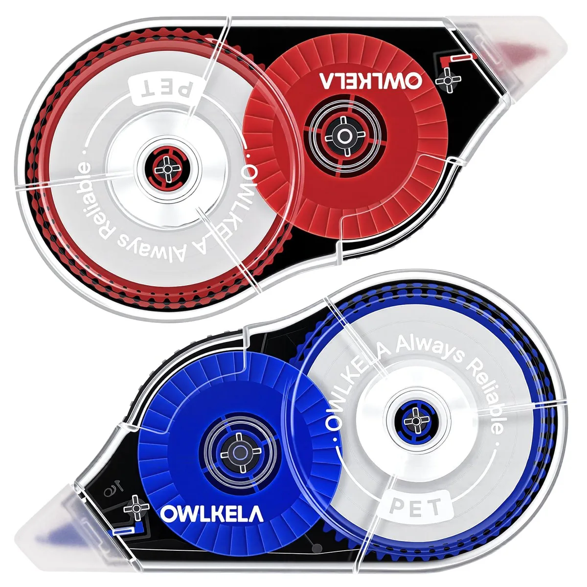 Two black dispensers with red and blue cores, .2 in tape, 98.4 ft each