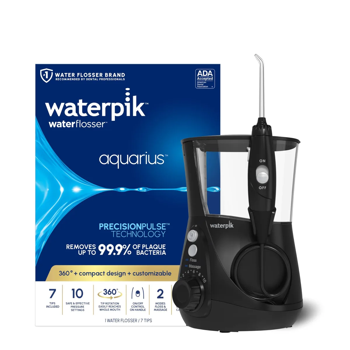 White countertop water flosser with large reservoir, wand and tip storage
