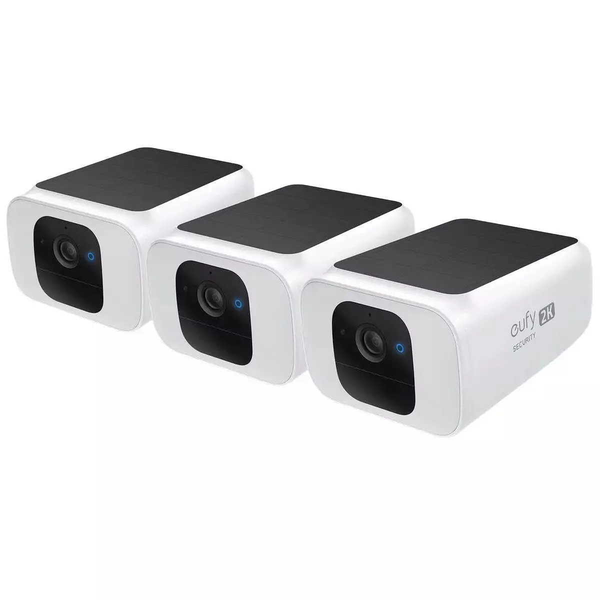 White rectangular outdoor camera with solar panel on top and spotlight below, wall-mount design