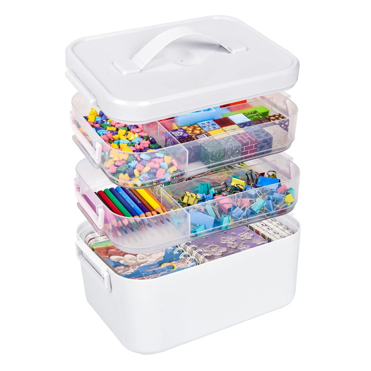 Clear plastic three-tier organizer with adjustable dividers, latched trays and top handle, 9.4 by 6.4 by 7.7 inches