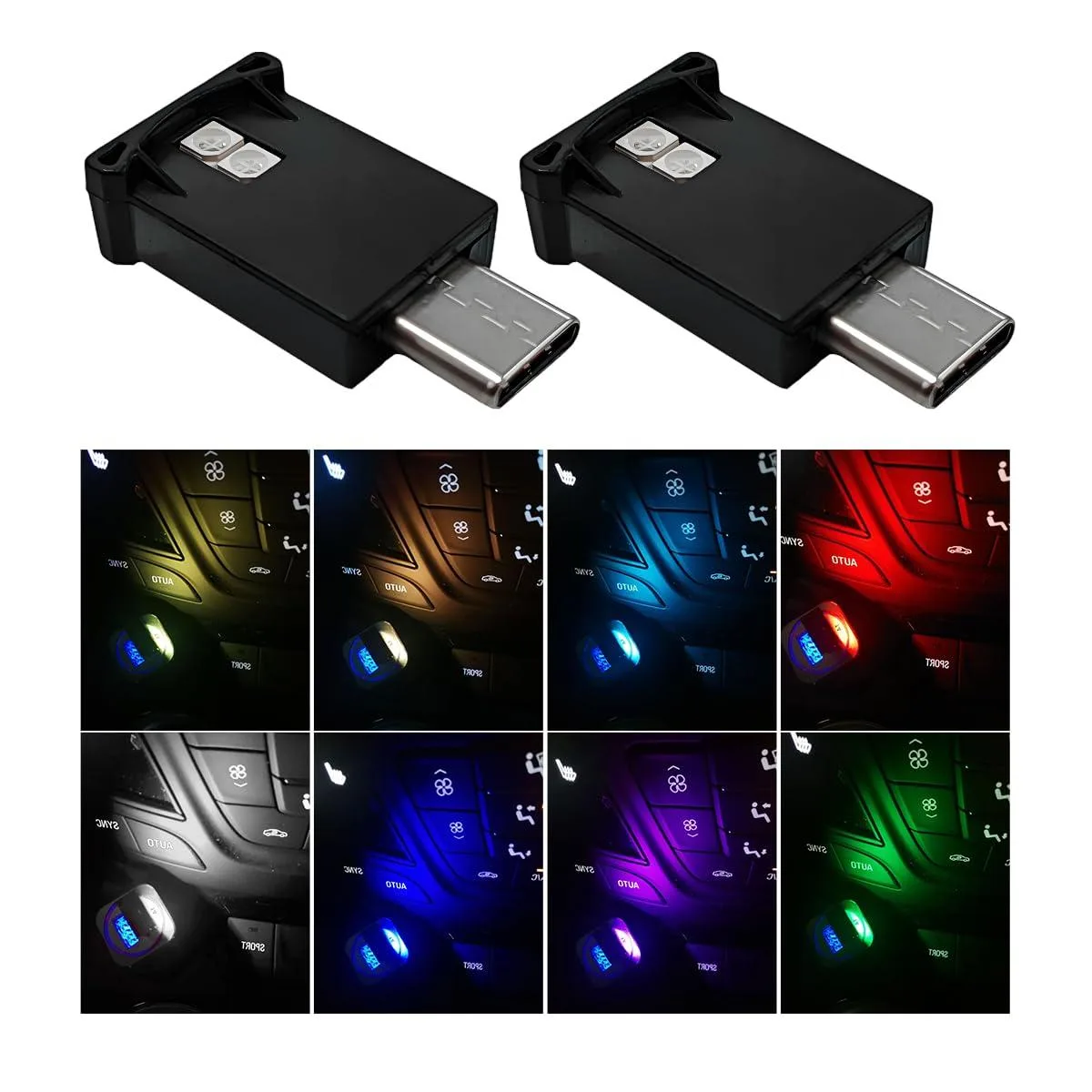  2PCS USB-C LED Ambient Light 8 Colors RGB Car Atmosphere Lamp — product photo