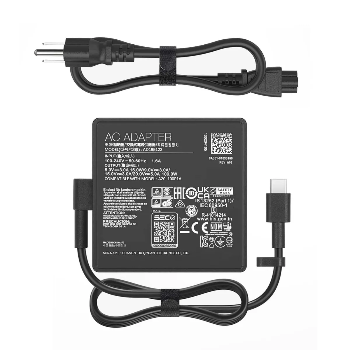 Compact black USB-C power adapter with braided cable and three-prong plug