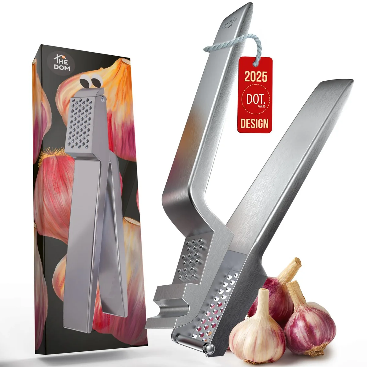 Stainless steel garlic press with detachable handle and built-in cleaning pins