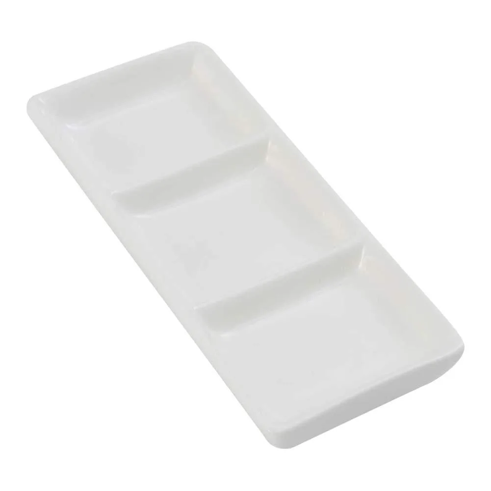 White ceramic rectangular tray with three equal compartments, glossy finish, 17.5 by 7.5 cm