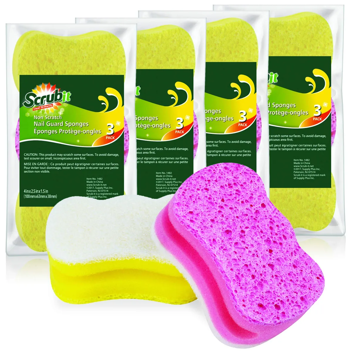 Twelve white cellulose sponges with green scouring pads in rectangular pack