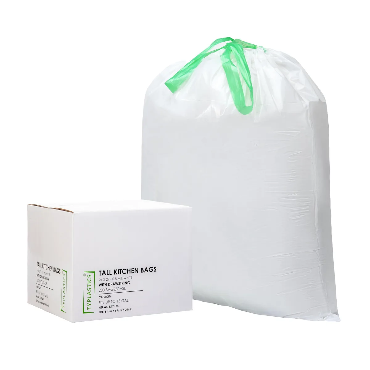 White plastic drawstring trash bags in a dispenser box, 13 gallon capacity