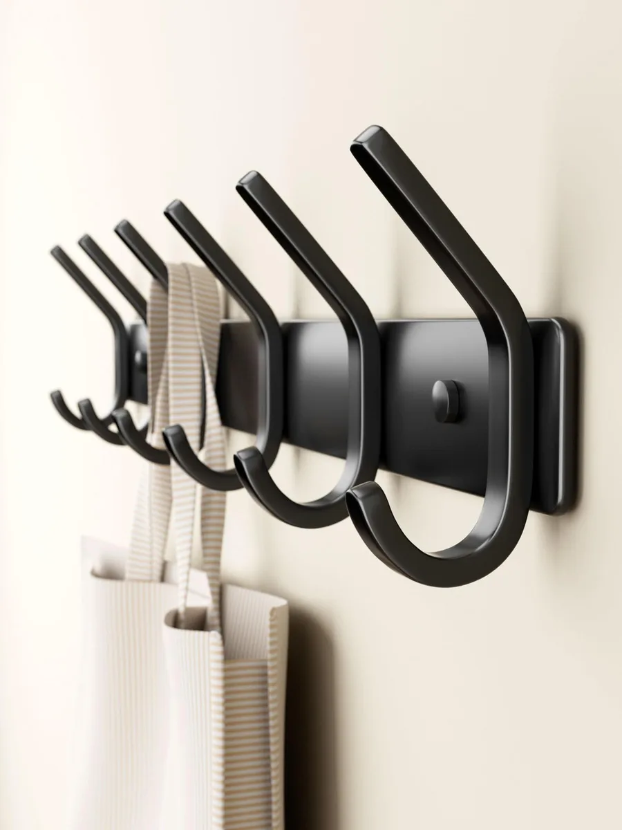 Black metal wall-mounted rack 15 inch six double hooks matte finish