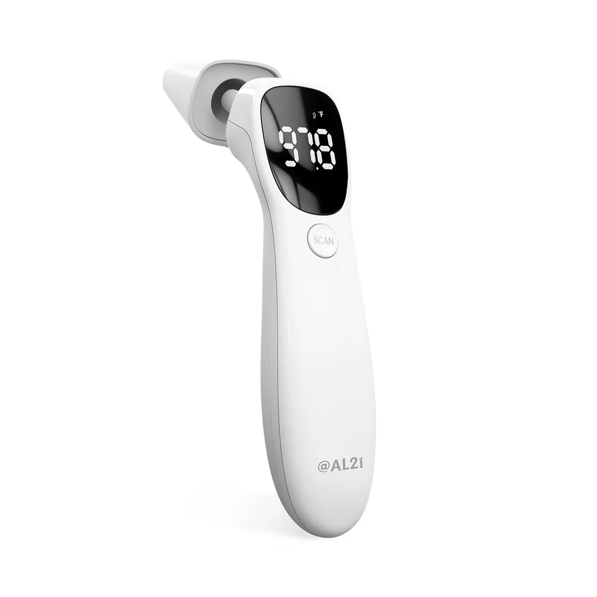 White handheld infrared thermometer with probe cap removed showing ear mode