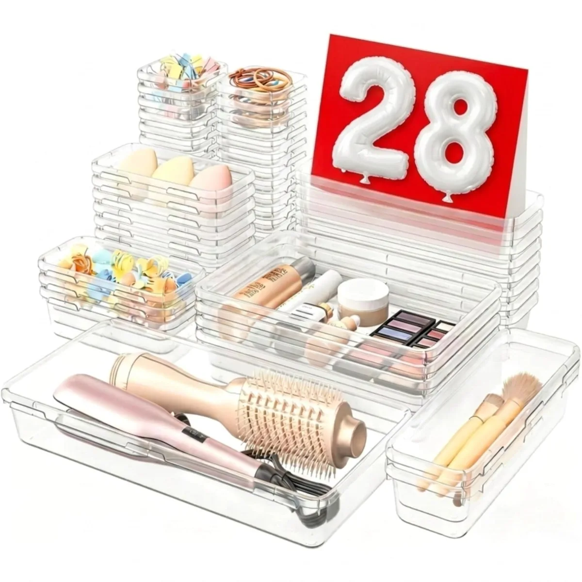 Clear plastic 28-piece drawer organizer set with five compartment sizes