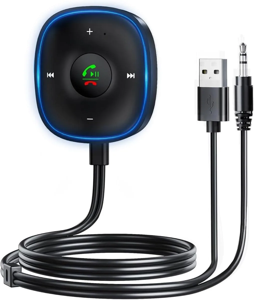 Small black Bluetooth 5.3 aux adapter with 3.5mm plug and USB power lead