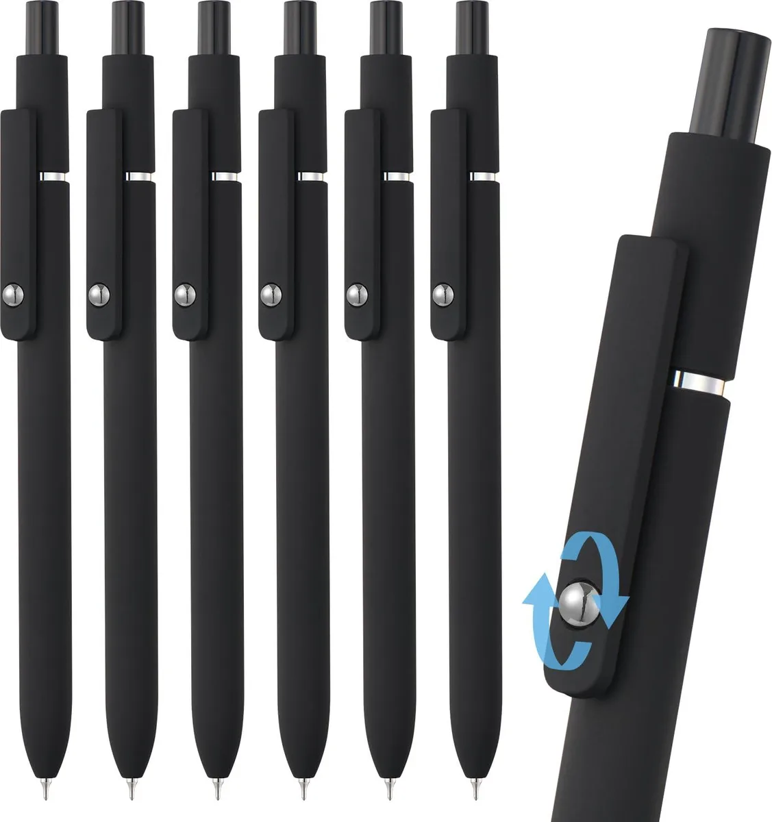 Six black retractable gel pens with matte barrels and pocket clips
