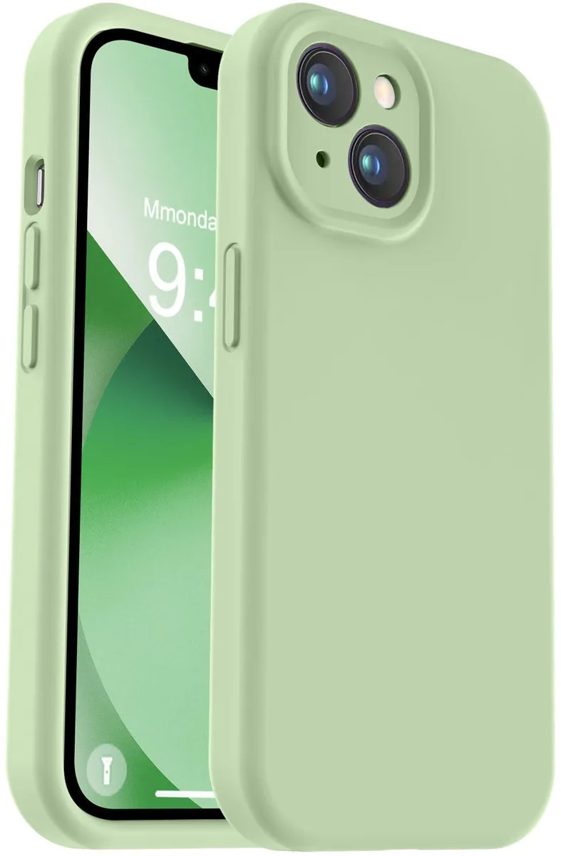 Matcha liquid silicone iPhone 13 case with raised camera lip and microfiber lining