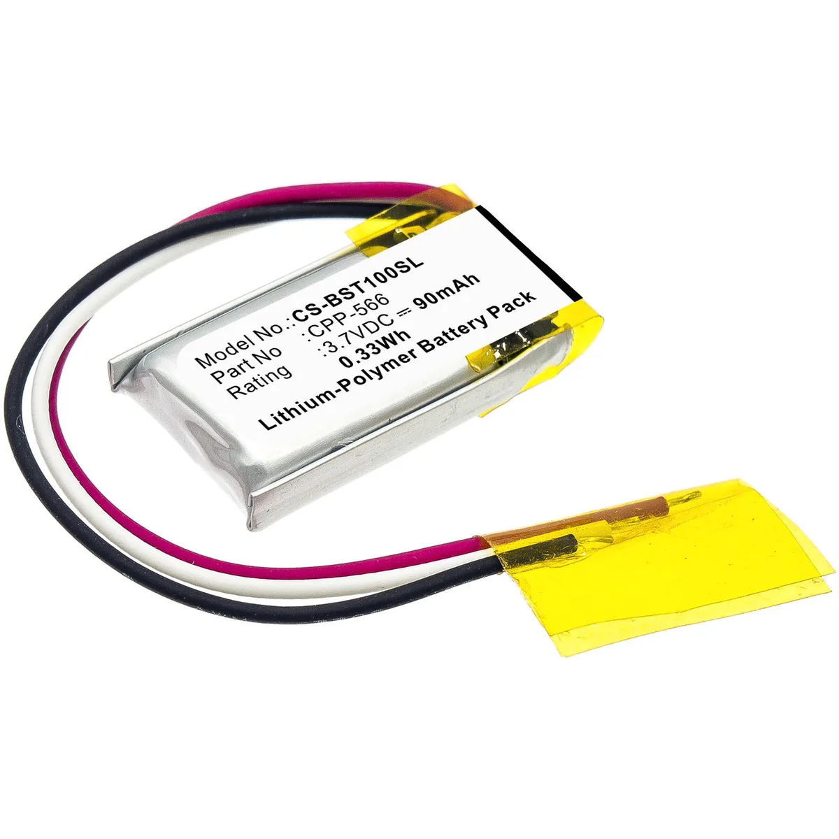 Small rectangular black lithium-polymer battery pack measuring 21.90 by 11.76 by 4.44 mm