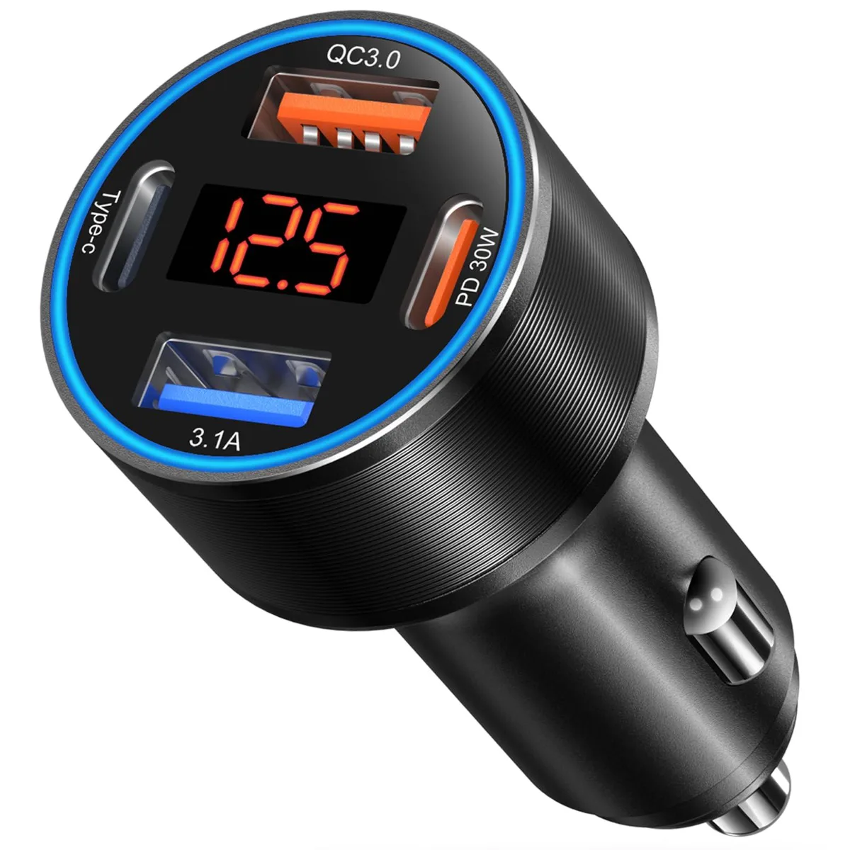 Black car charger with four USB ports and digital voltage display