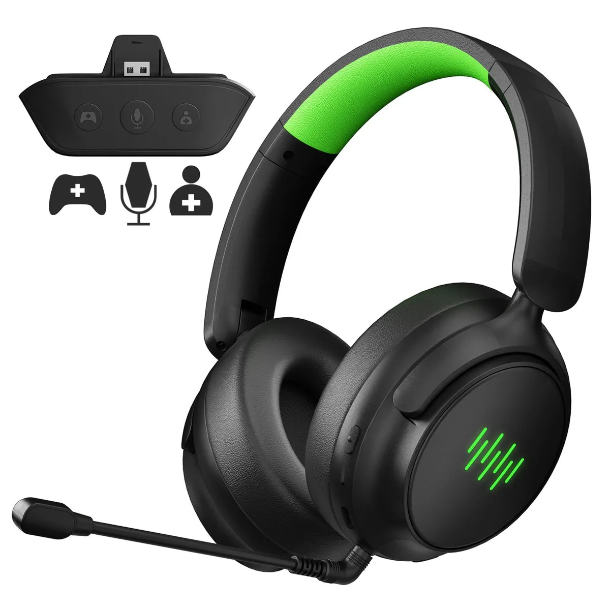 Black over-ear wireless gaming headset, foldable design, on-ear controls