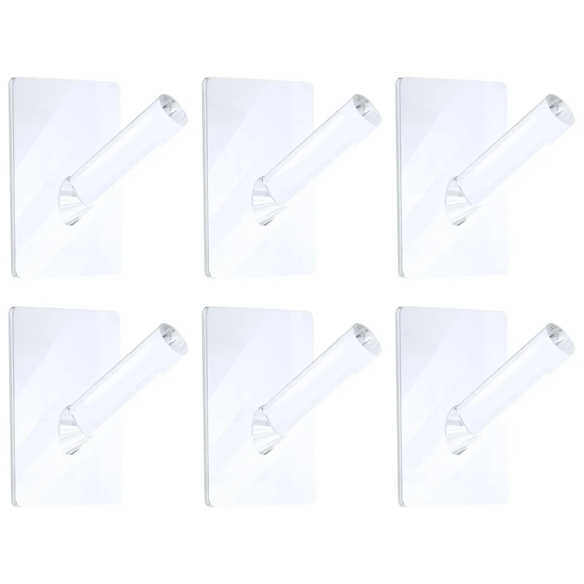Six clear acrylic wall hooks, each 1.6 inches long, with separate adhesive backings