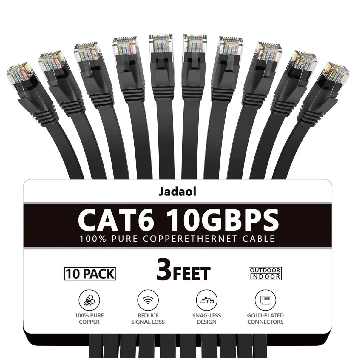 Ten flat black Ethernet cables with RJ45 connectors