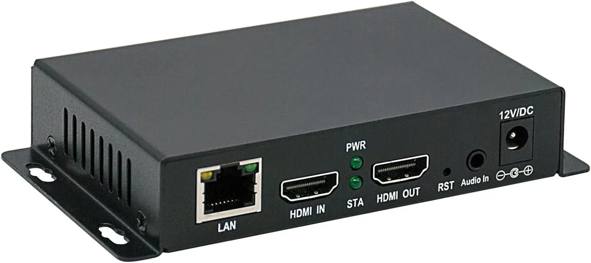 Small black metal box with HDMI ports and RJ45 jack