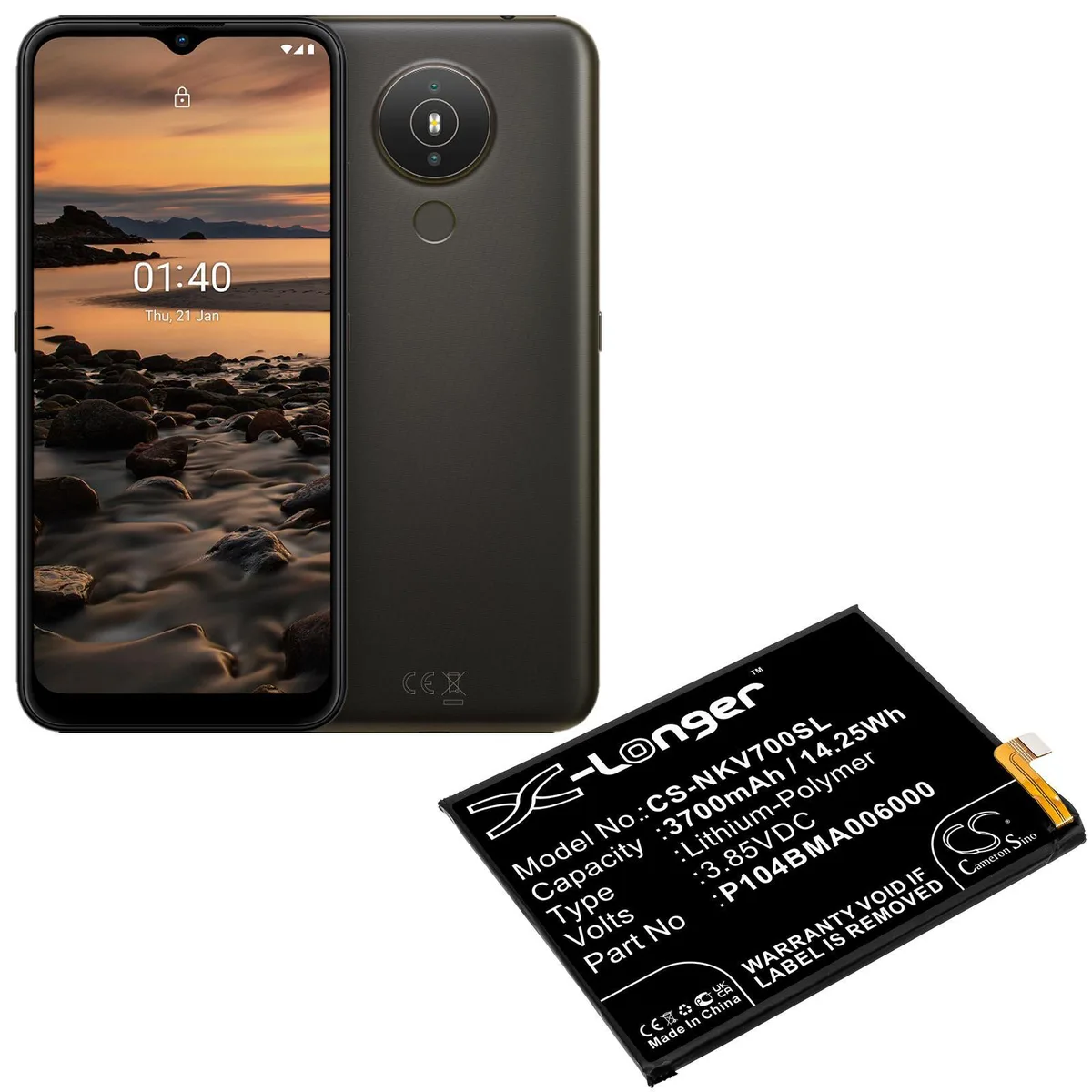 Rectangular black replacement battery with label showing model numbers