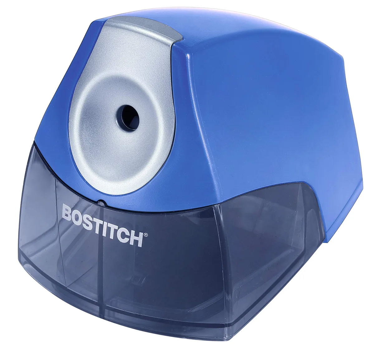 Compact dark-blue electric pencil sharpener with plastic housing and shavings tray