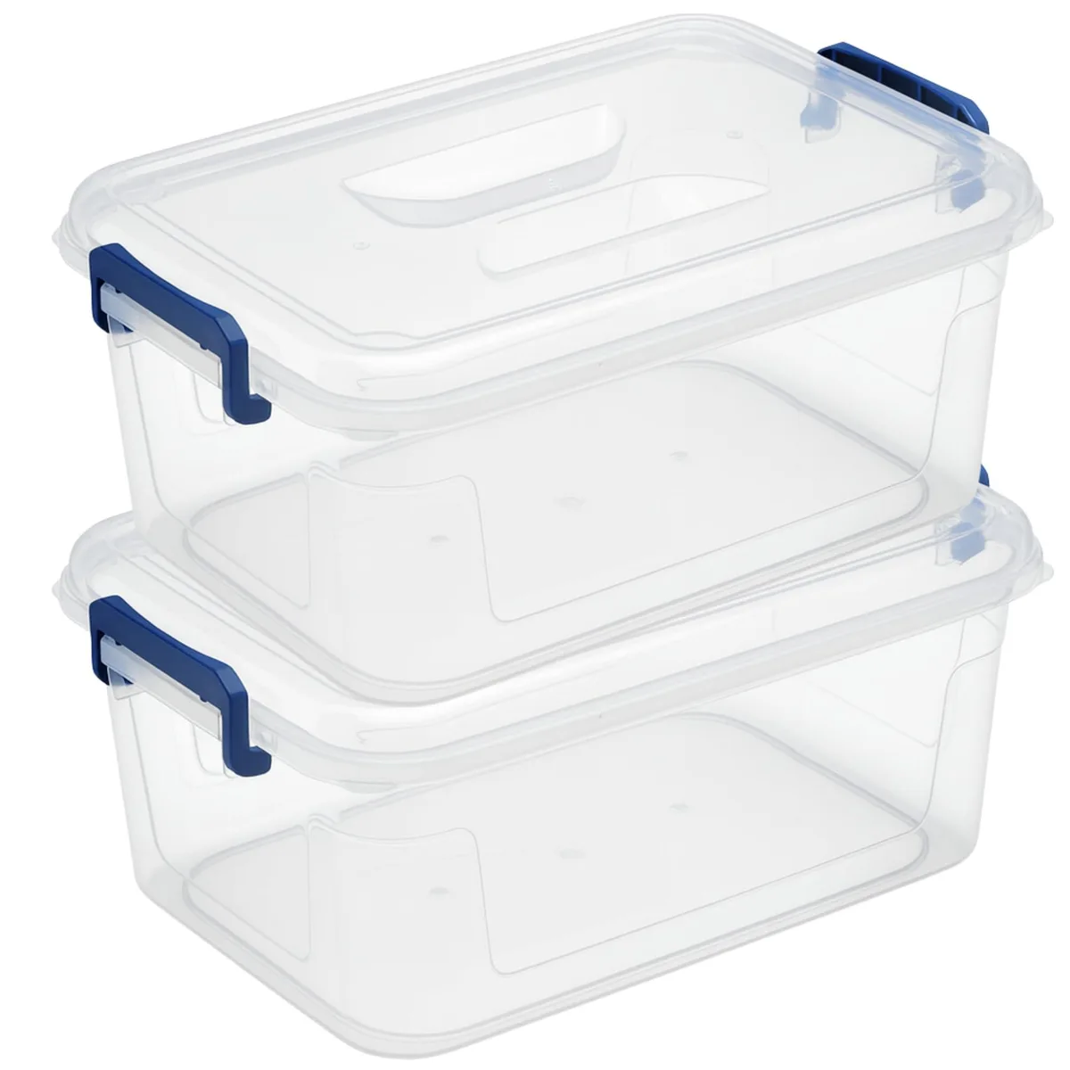 Two clear plastic storage bins with lids, stackable, 9.5 quart capacity