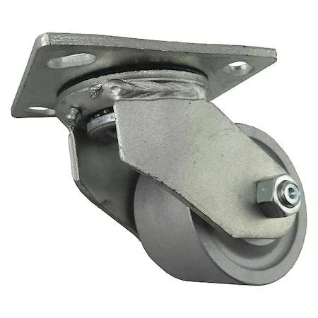 Cast iron swivel plate caster, dark metal finish, single wheel with mounting plate