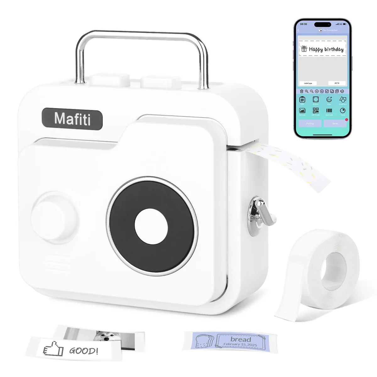 Compact white thermal label printer with rounded edges and a small paper roll visible inside
