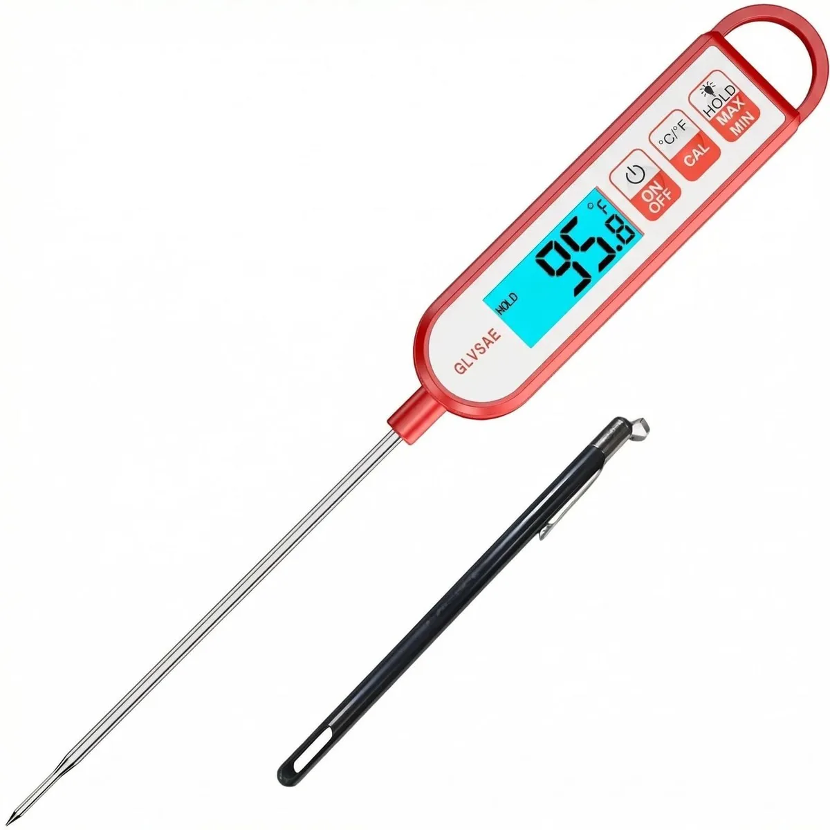 Red digital thermometer with 5.1 inch probe and backlit display