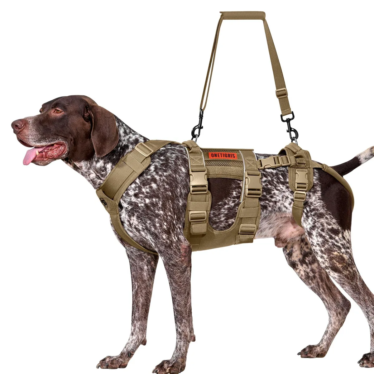 Brown nylon dog support harness with rear leg piece, handles and adjustable straps