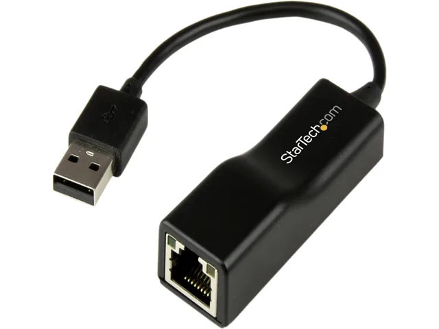 Compact USB 2.0 to 10/100 Mbps Ethernet dongle with integrated cable