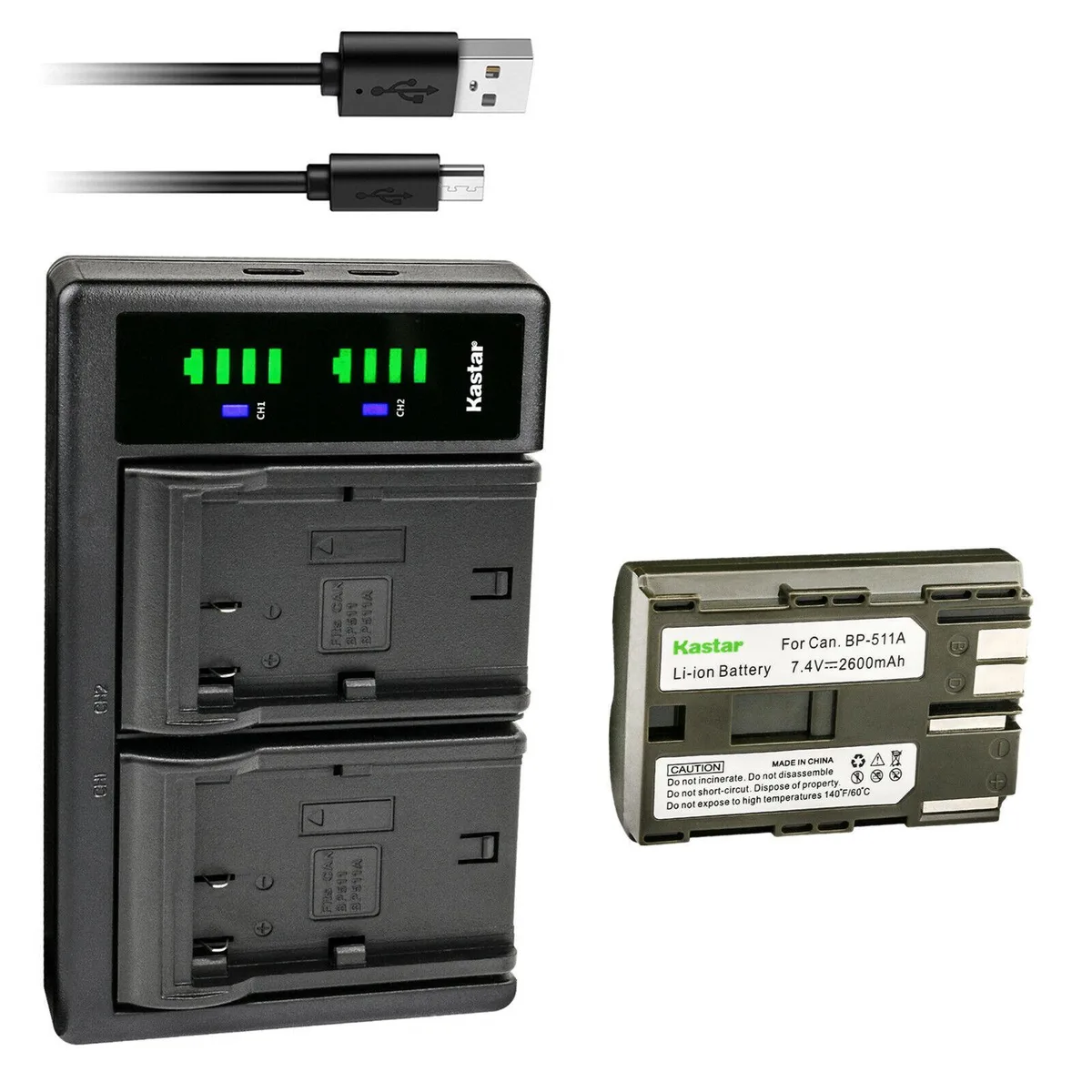 Kastar Kastar BP-511A camera battery 2600mAh with LTD2 USB dual charger 1 pack — product photo