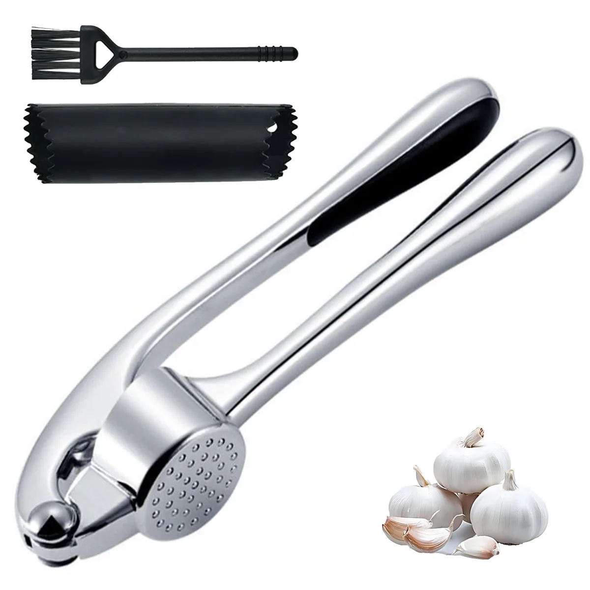Chrome garlic press with ergonomic handle, silicone peeler and brush