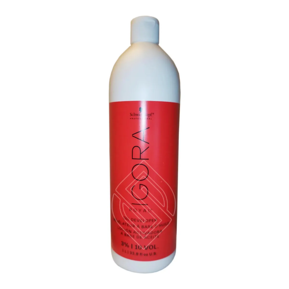 White 1 litre bottle with black cap and gold label, 33.8oz developer