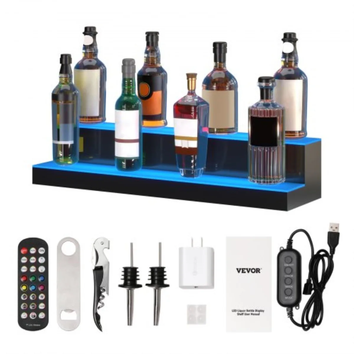 VEVOR VEVOR LED Lighted Liquor Bottle Display 30 Inch 2 Tier Acrylic Shelf RF Remote App Control Multicolor — product photo