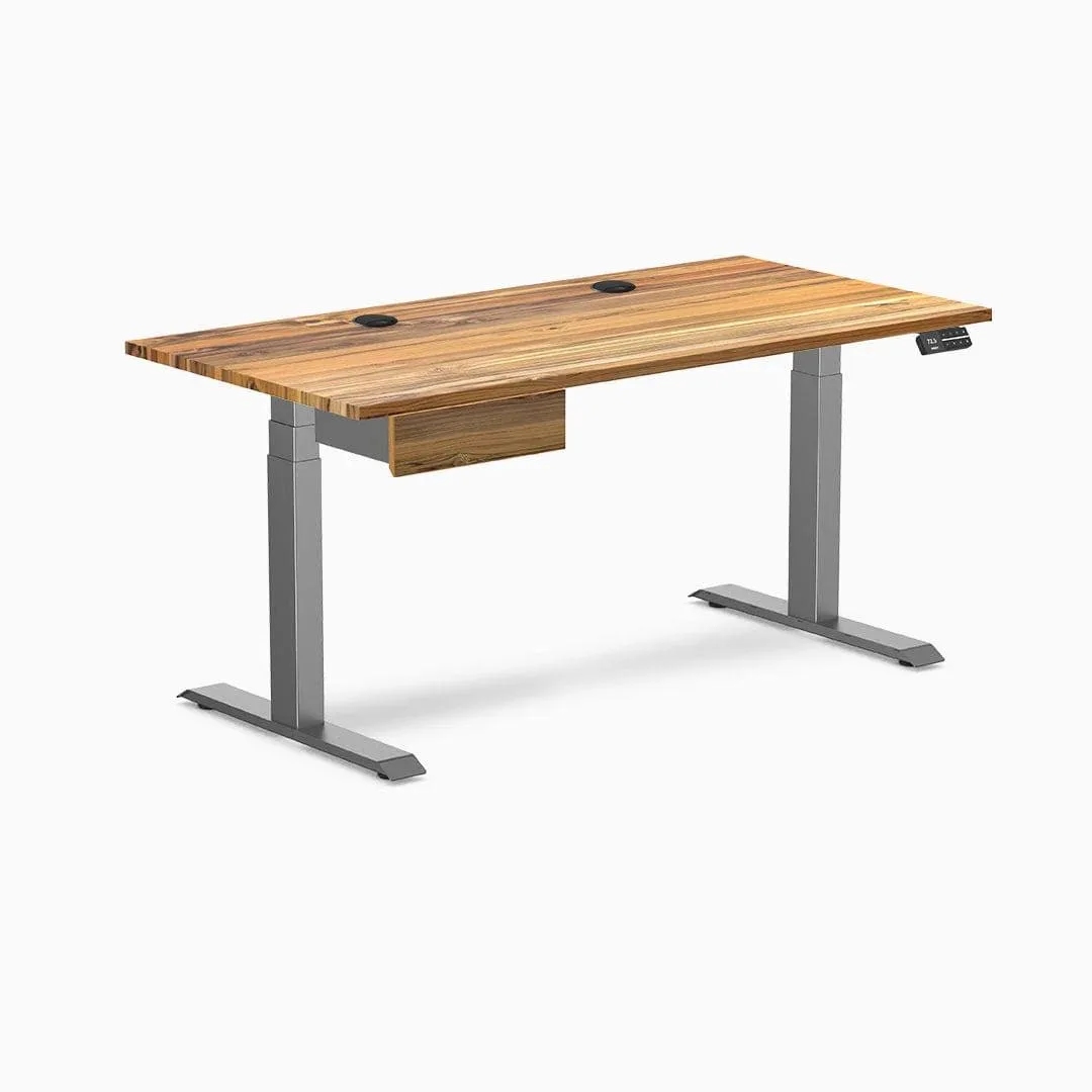 Desky Desky Dual Hardwood Standing Desk Teak 60 x 30 in with Grommets Space Grey — product photo