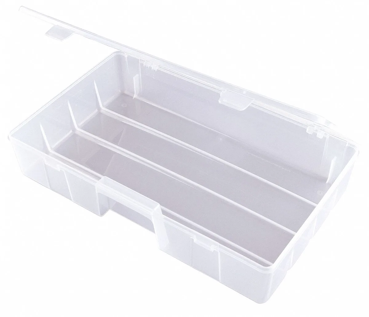 Clear plastic storage box with latch closure