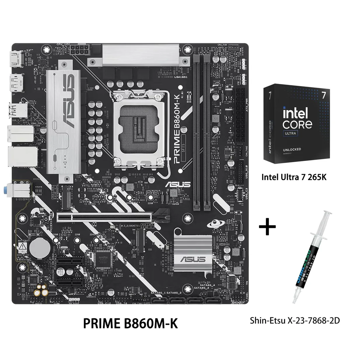 ASUS ASUS PRIME B860M-K mATX Intel motherboard & Ultra 7 265K CPU combo with Shin-Etsu X-23-7868-2D thermal grease — product photo
