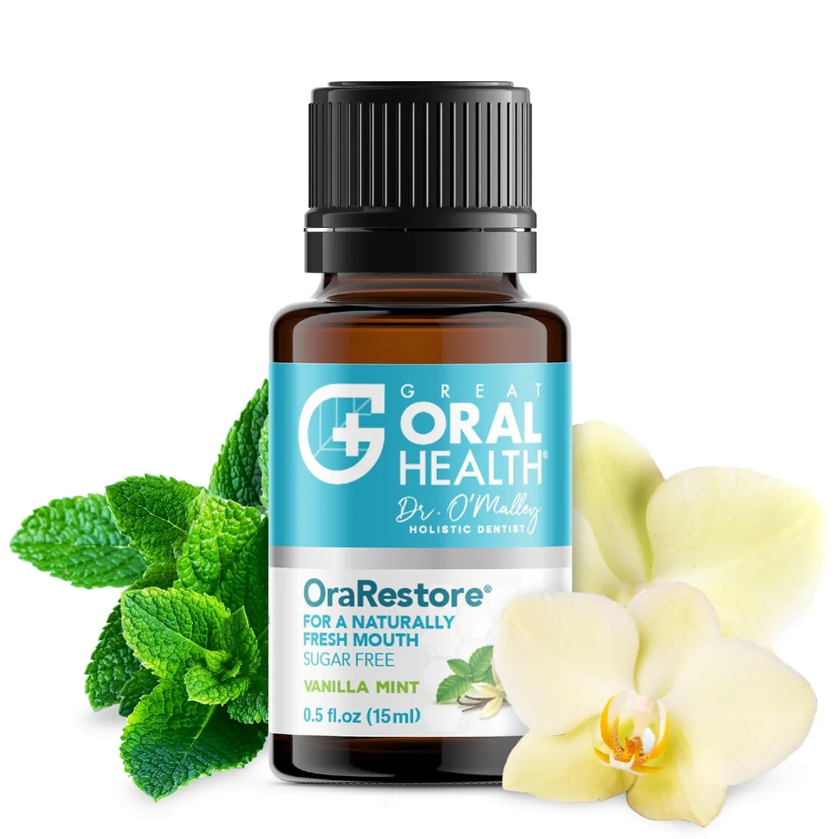 Small amber glass bottle with dropper cap, 15 ml vanilla-mint oral oil concentrate