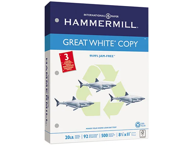 Hammermill Hammermill 86702 Great White Recycled Paper 3-Hole Punched 20lb 92 Brightness 5000 Sheets — product photo