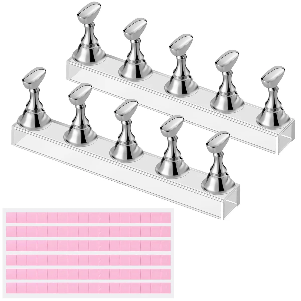 Two black acrylic nail stands with magnetic bases and silver putty pieces