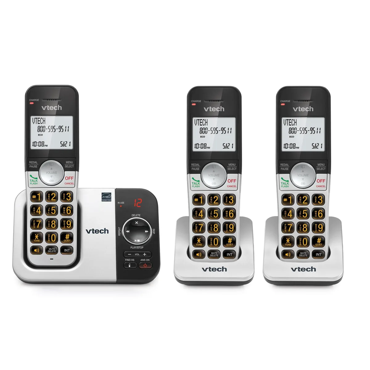 Silver and black cordless phone base with two handset chargers and three handsets