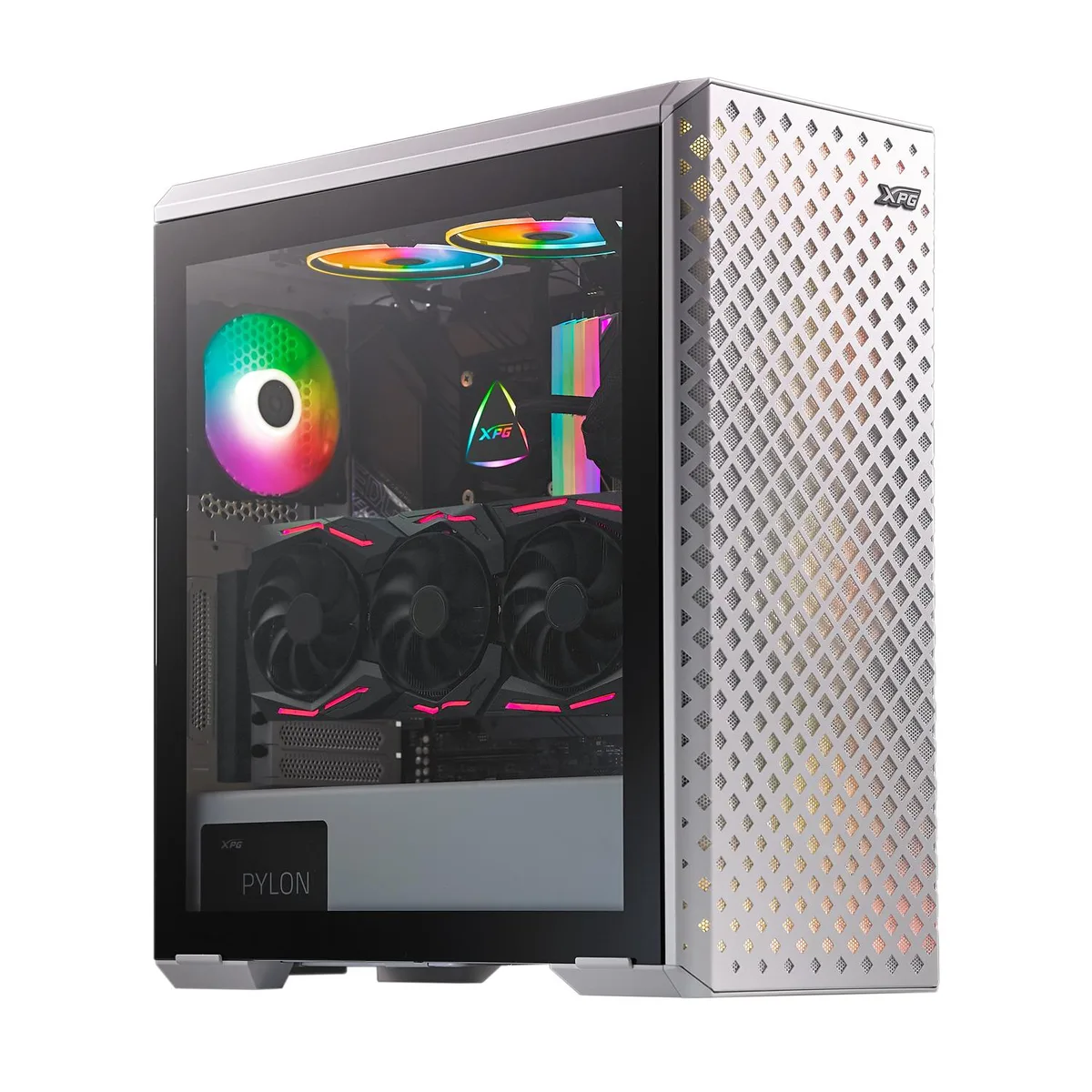 White mid-tower ATX case with mesh front panel, tempered glass side window, three included 120mm ARGB fans