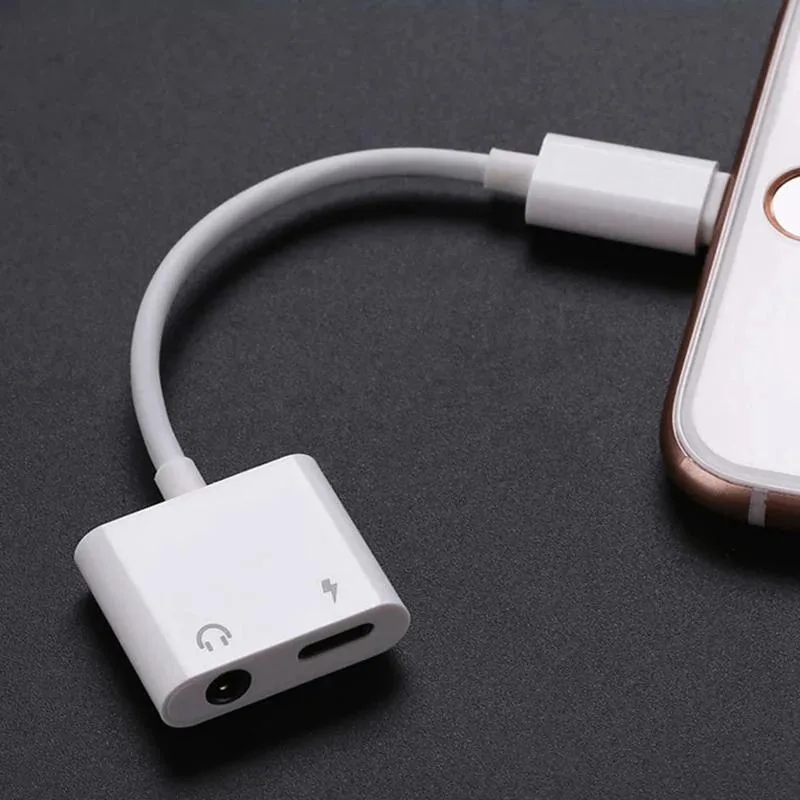 White 2-in-1 Lightning adapter with 3.5 mm jack and charging port