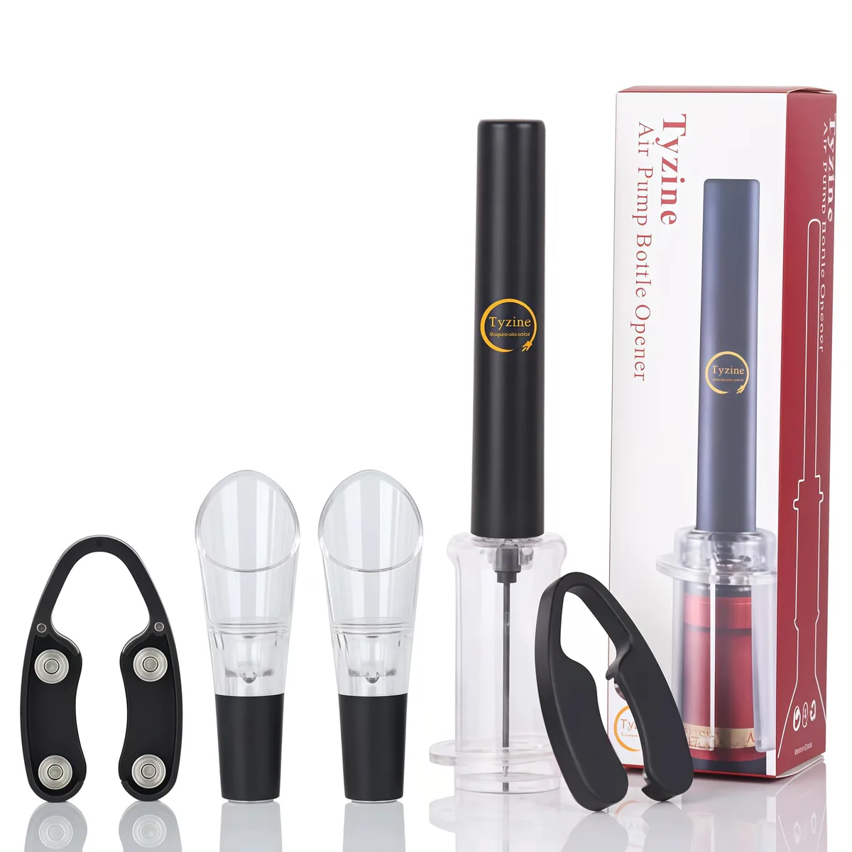 Matte black air pump wine opener with foil cutter and aerator pourers